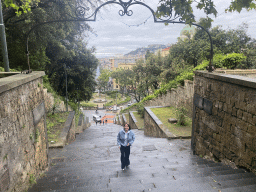 Miaomiao at the Gradini Capodimonte staircase, with a view on the Via Tondo di Capodimonte roundabout, the Corso Amedeo di Savoia street, the Basilica dell`Incoronata Madre del Buon Consiglio church and the Vomero Hill with the Castel Sant`Elmo castle and the Museo Nazionale di San Martino museum