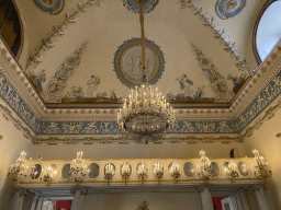 Chandeliers and frescoes on the ceiling of the Salone delle Feste room at the First Floor of the Museo di Capodimonte museum