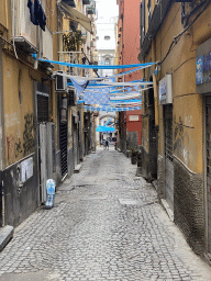 Decorations for SSC Napoli`s third Italian championship at the Via Sapienza street, viewed from the Vico Luigi De Crecchio street