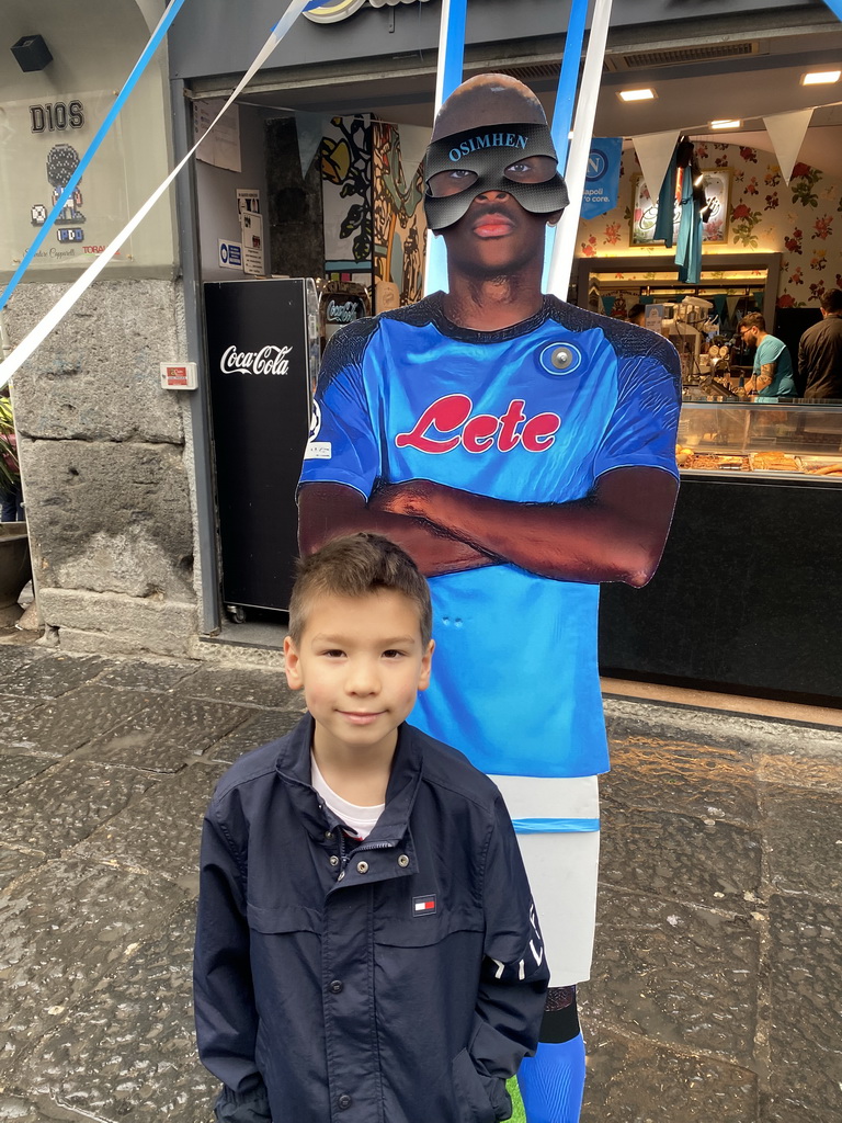 Max with a cardboard of Victor Osimhen at the Piazza San Gaetano square