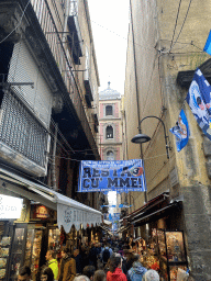 Decorations for SSC Napoli`s third Italian championship at the Via San Gregorio Armeno street, viewed from the Piazza San Gaetano square