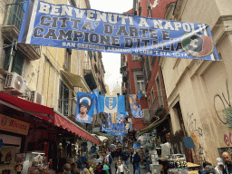 Decorations for SSC Napoli`s third Italian championship at the Via San Gregorio Armeno street