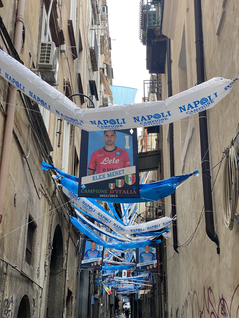 Decorations for SSC Napoli`s third Italian championship at the Vico Maiorani street, viewed from the Via San Biagio Dei Librai street