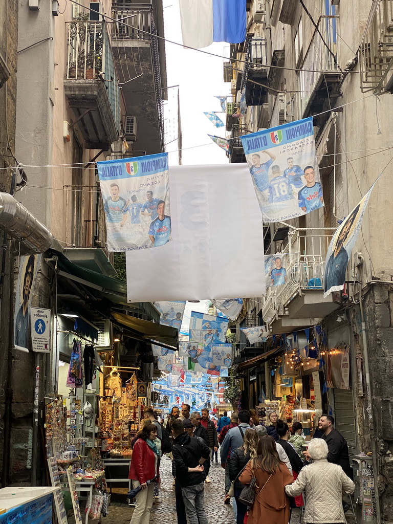 Decorations for SSC Napoli`s third Italian championship at the Via San Biagio Dei Librai street