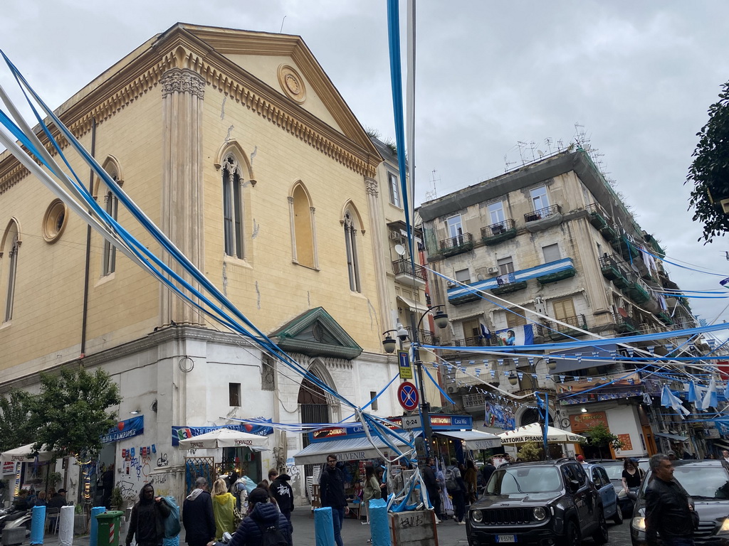 Decorations for SSC Napoli`s third Italian championship in front of the Museo delle Illusioni di Napoli museum at the Vicoletto San Giorgio Ai Mannes street