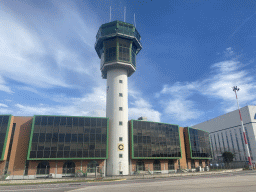 Air traffic control tower of Naples International Airport, viewed from the airplane to Eindhoven