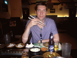 Tim having dinner at a Korean restaurant in Koreatown