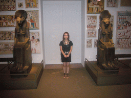 Miaomiao with Egyptian statues and drawings, in the Metropolitan Museum of Art