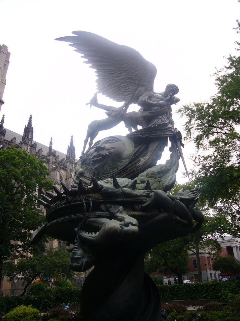 The Peace Fountain sculpture and the Cathedral of Saint John the Divine