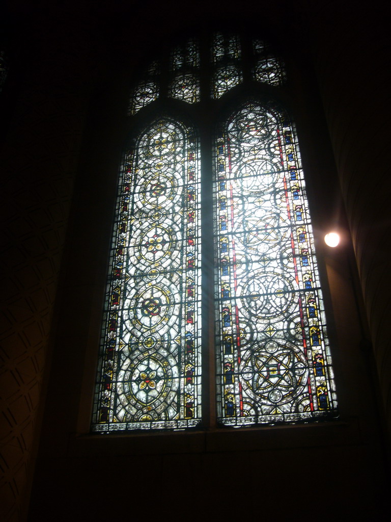 Stained glass window in St. Columba`s Chapel, in the Cathedral of Saint John the Divine