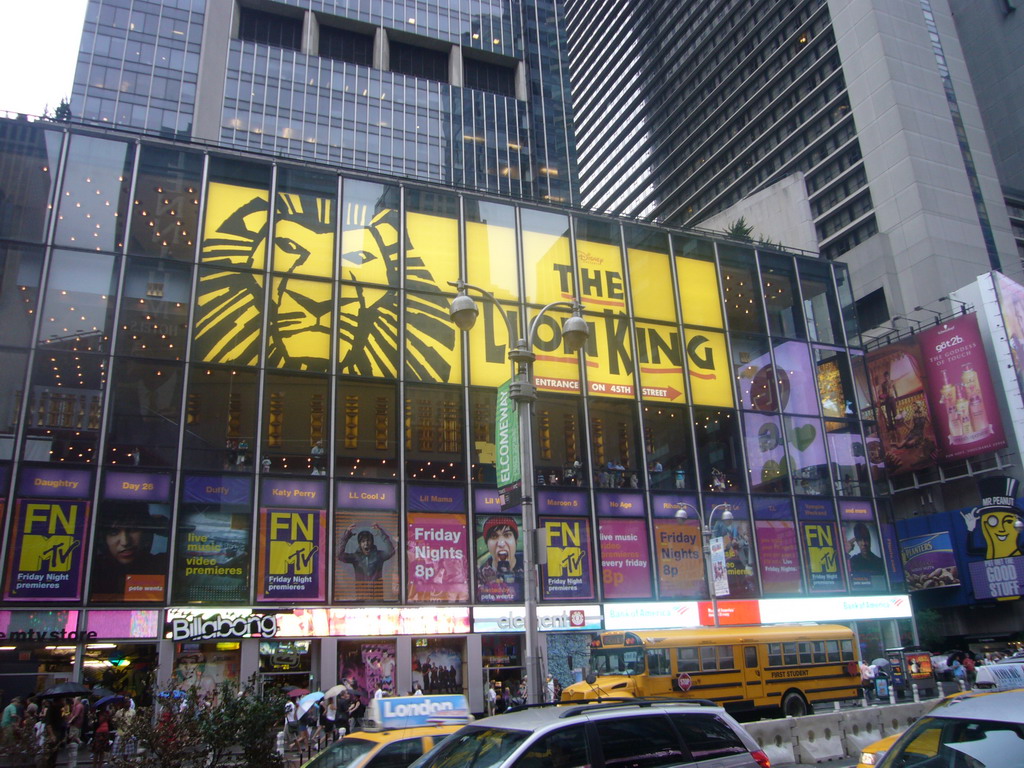 Promotion poster of the musical `The Lion King` on the outside of the Minskoff Theatre