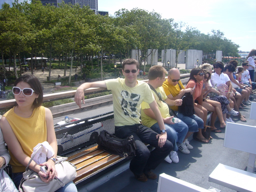 Tim on the Liberty Island ferry, with view on Battery Park