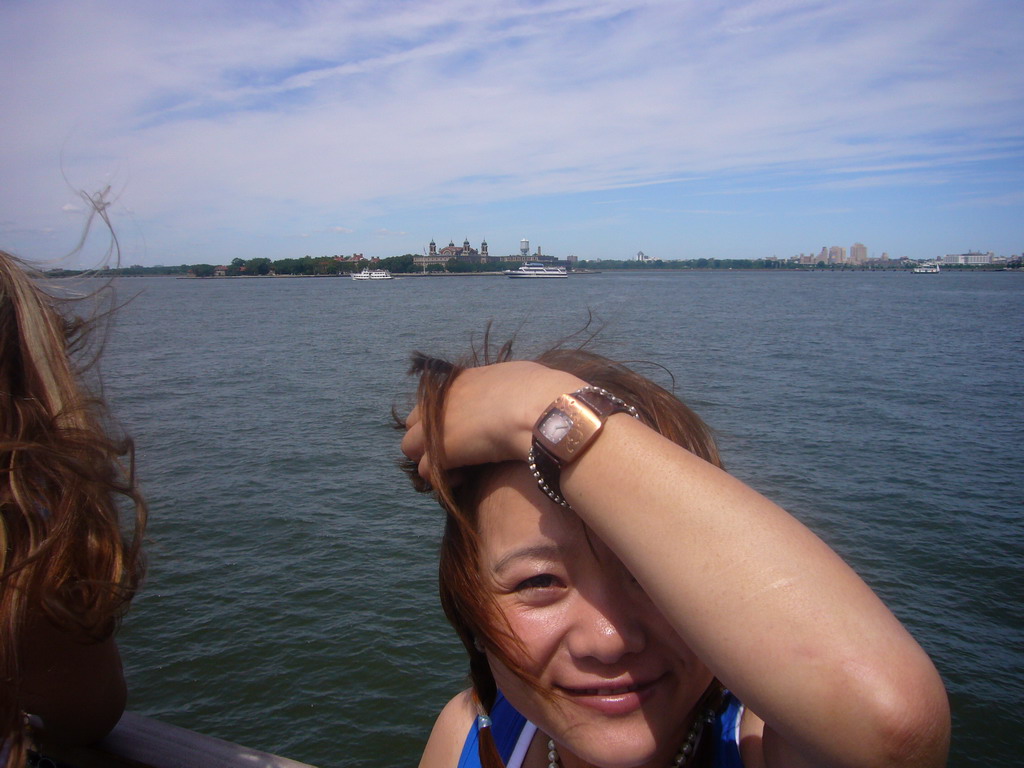 Miaomiao and Ellis Island, from the Liberty Island ferry