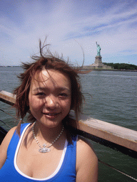 Miaomiao and the Statue of Liberty, from the Liberty Island ferry