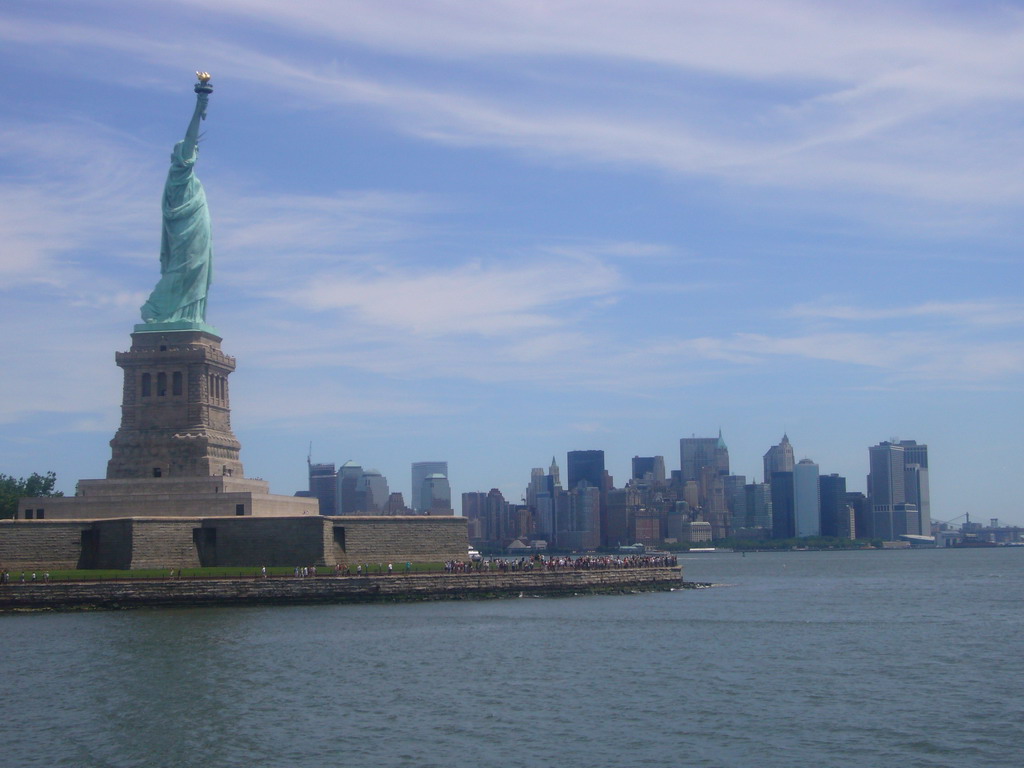 The Statue of Liberty and the skyline of Manhattan, from the Liberty Island ferry