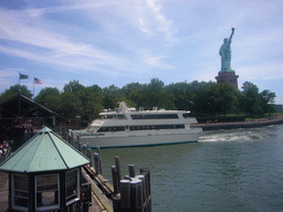 The dock of Liberty Island and the Statue of Liberty, from the Liberty Island ferry