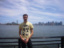 Tim and the skyline of Manhattan, from Liberty Island