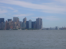 The skyline of Manhattan, Brooklyn Bridge and Manhattan Bridge, from Liberty Island