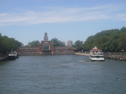 The dock of Ellis Island and a boat, from the Liberty Island - Ellis Island ferry