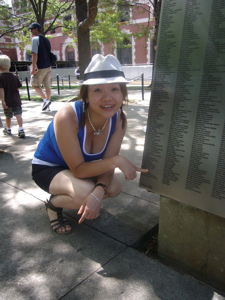 Miaomiao at the American Immigrant Wall of Honor, on Ellis Island