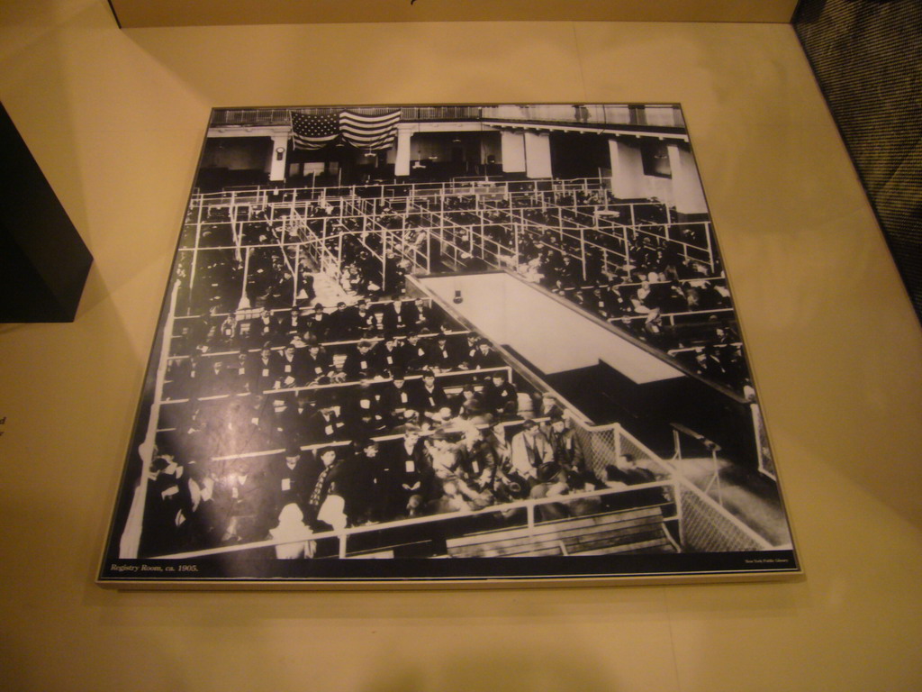 Old photo of the Registry Room of the Ellis Island Immigration Museum