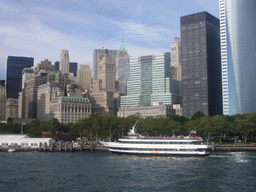 Ferry, Battery Park and the skyline of Manhattan, from the Ellis Island ferry