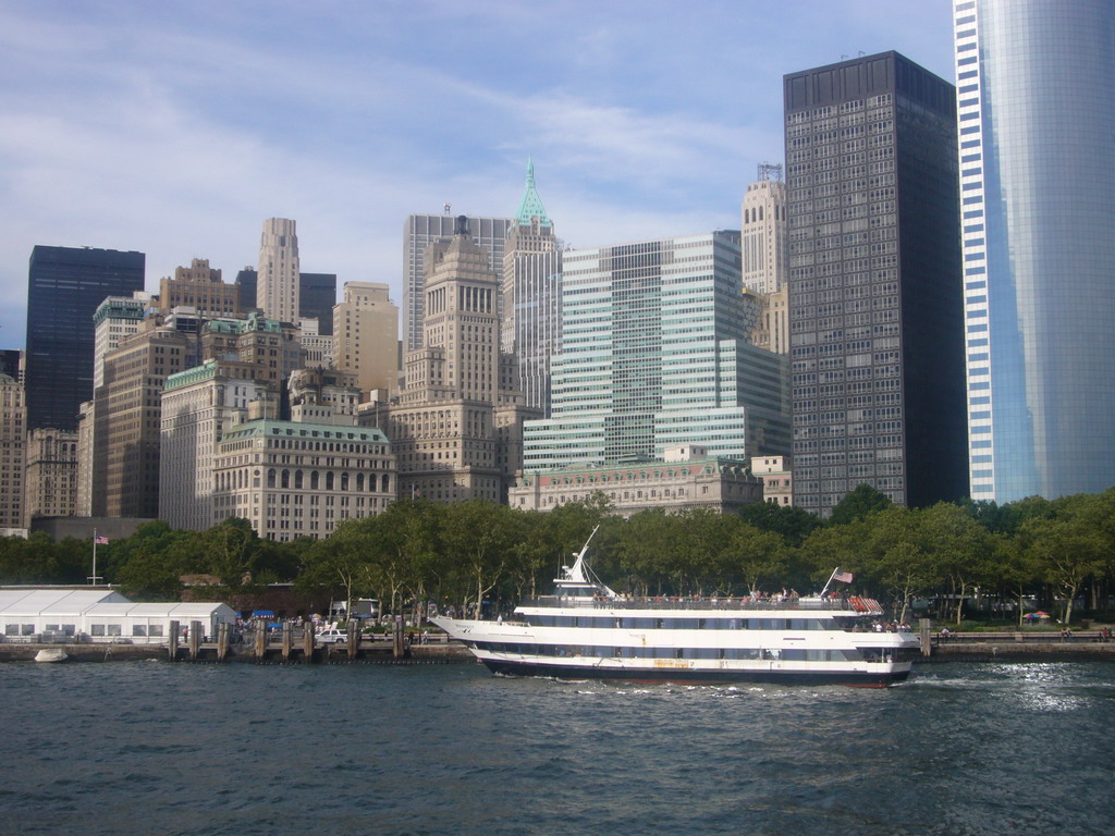 Ferry, Battery Park and the skyline of Manhattan, from the Ellis Island ferry