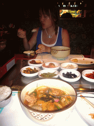 Miaomiao having dinner in a Korean restaurant in Koreatown