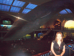 Miaomiao at the model of a blue whale in the Milstein Hall of Ocean Life, in the American Museum of Natural History