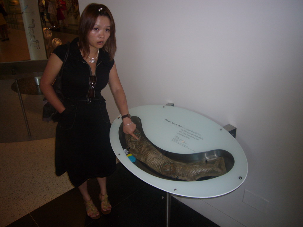 Miaomiao with a model of a Vinctifer fish, in the American Museum of Natural History