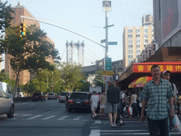 Crossing of Pike Street and East Broadway, in Chinatown, with the Brooklyn Bridge