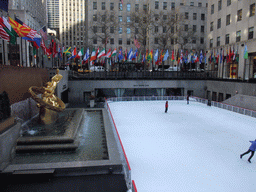 Ice-skating rink and Prometheus statue at the Lower Plaza at Rockefeller Center