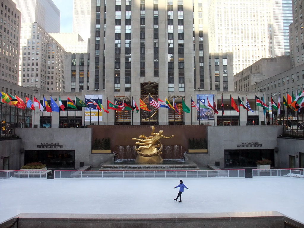 Ice-skating rink and Prometheus statue at the Lower Plaza at Rockefeller Center