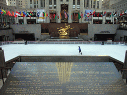 Ice-skating rink, Prometheus statue and plaque at the Lower Plaza at Rockefeller Center