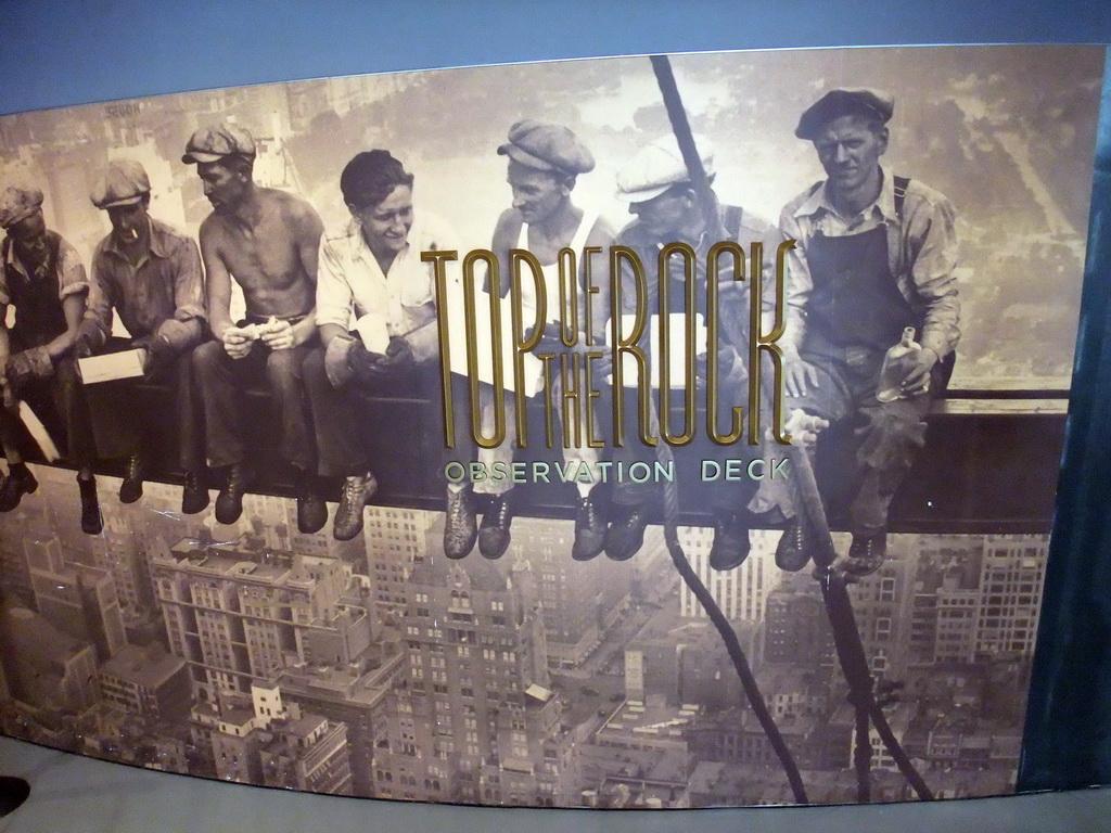 Old photo of construction workers at the GE Building, at the `Top of the Rock` Observation Deck at the GE Building of Rockefeller Center