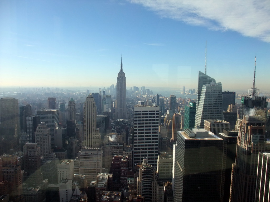 Skyline of Manhattan with the Empire State Building, the Bank of America Tower and the Condé Nast Building, viewed from the `Top of the Rock` Observation Deck at the GE Building of Rockefeller Center