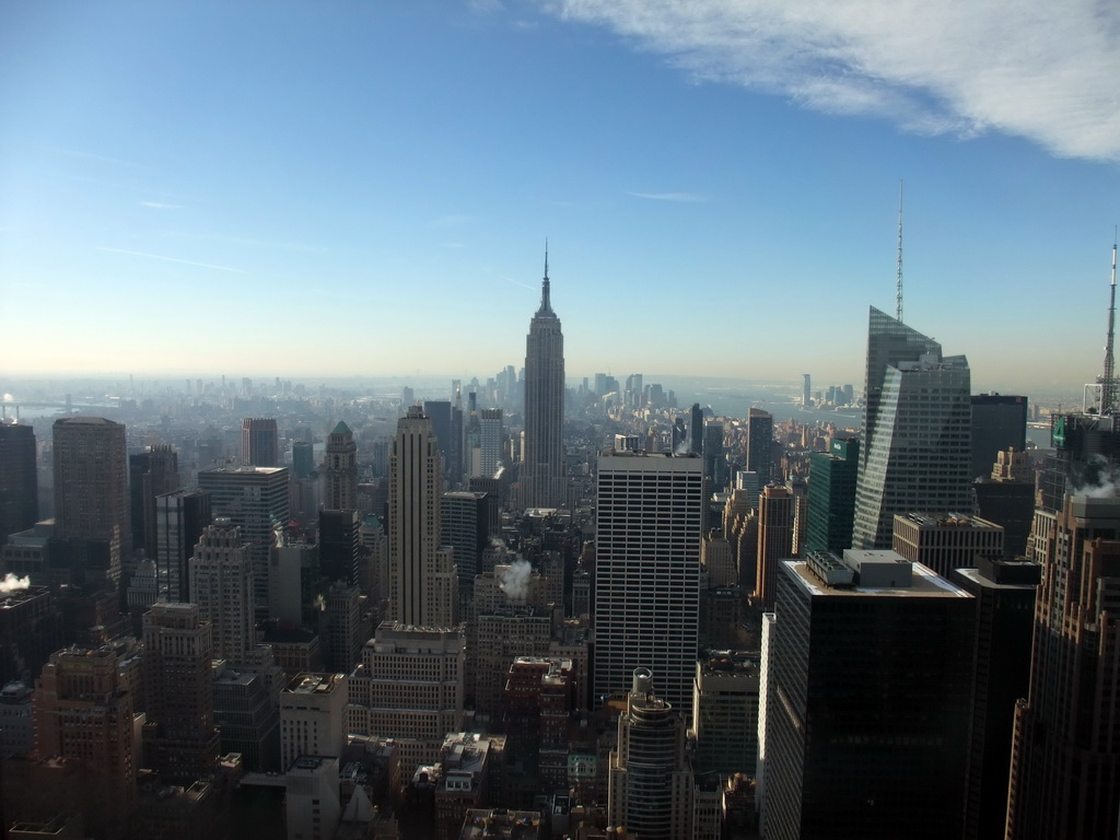 Skyline of Manhattan with the Empire State Building, the Bank of America Tower and the Condé Nast Building, viewed from the `Top of the Rock` Observation Deck at the GE Building of Rockefeller Center