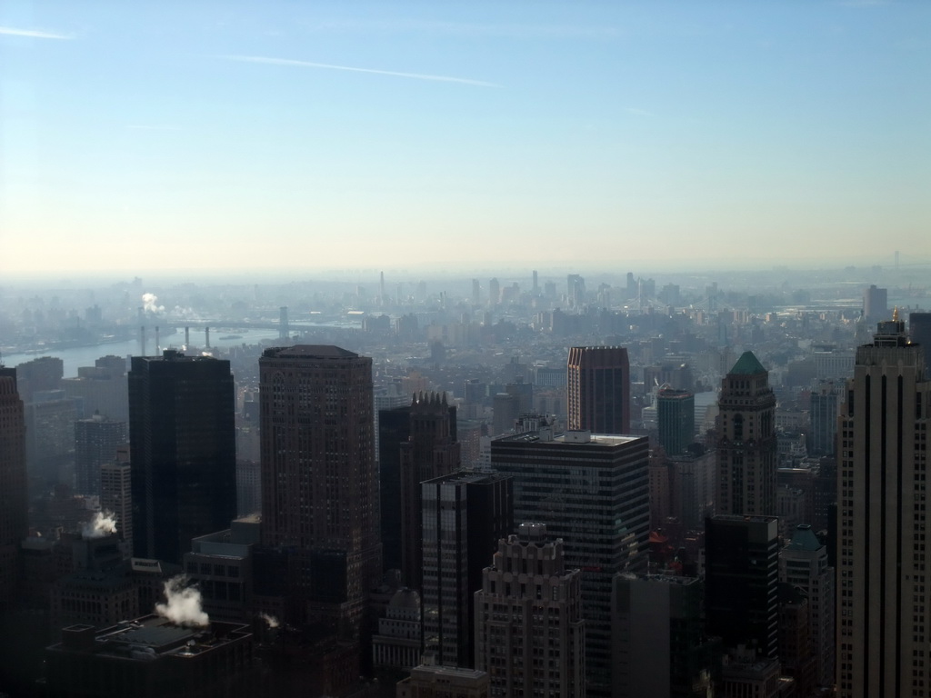 Southeast side of Manhattan and the East River, viewed from the `Top of the Rock` Observation Deck at the GE Building of Rockefeller Center