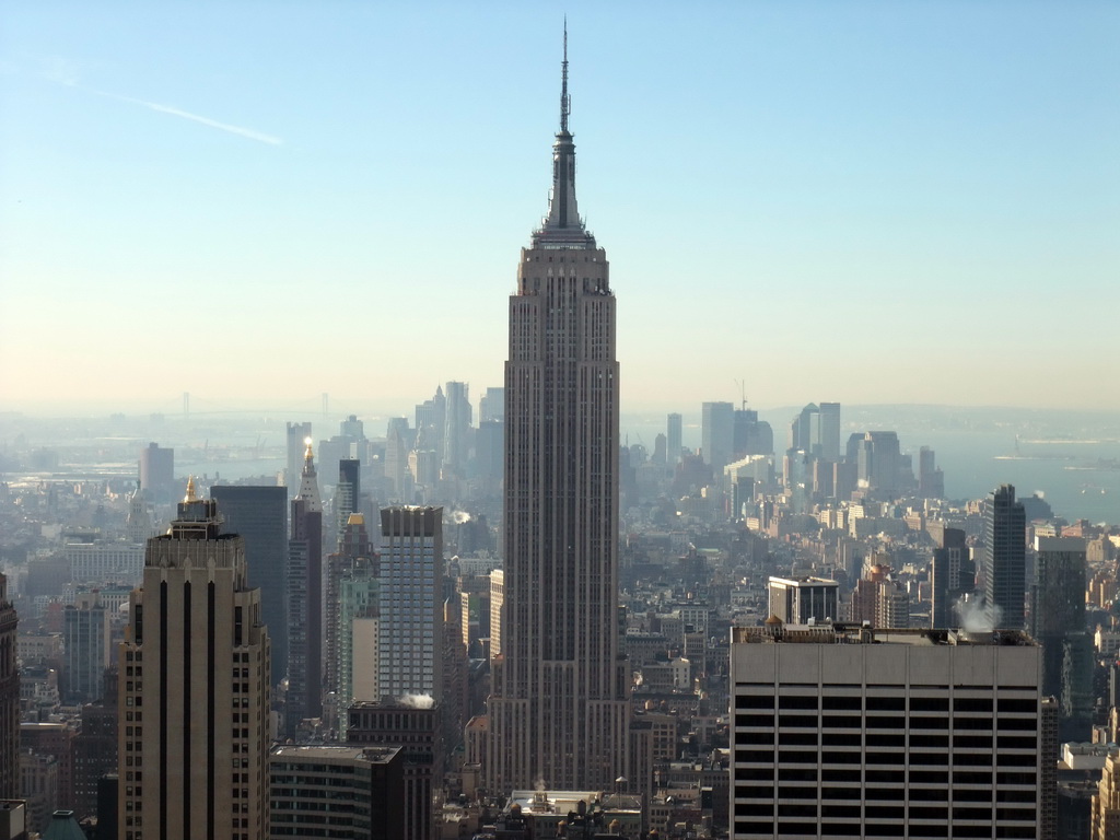 Skyline of Manhattan with the Empire State Building, viewed from the `Top of the Rock` Observation Deck at the GE Building of Rockefeller Center