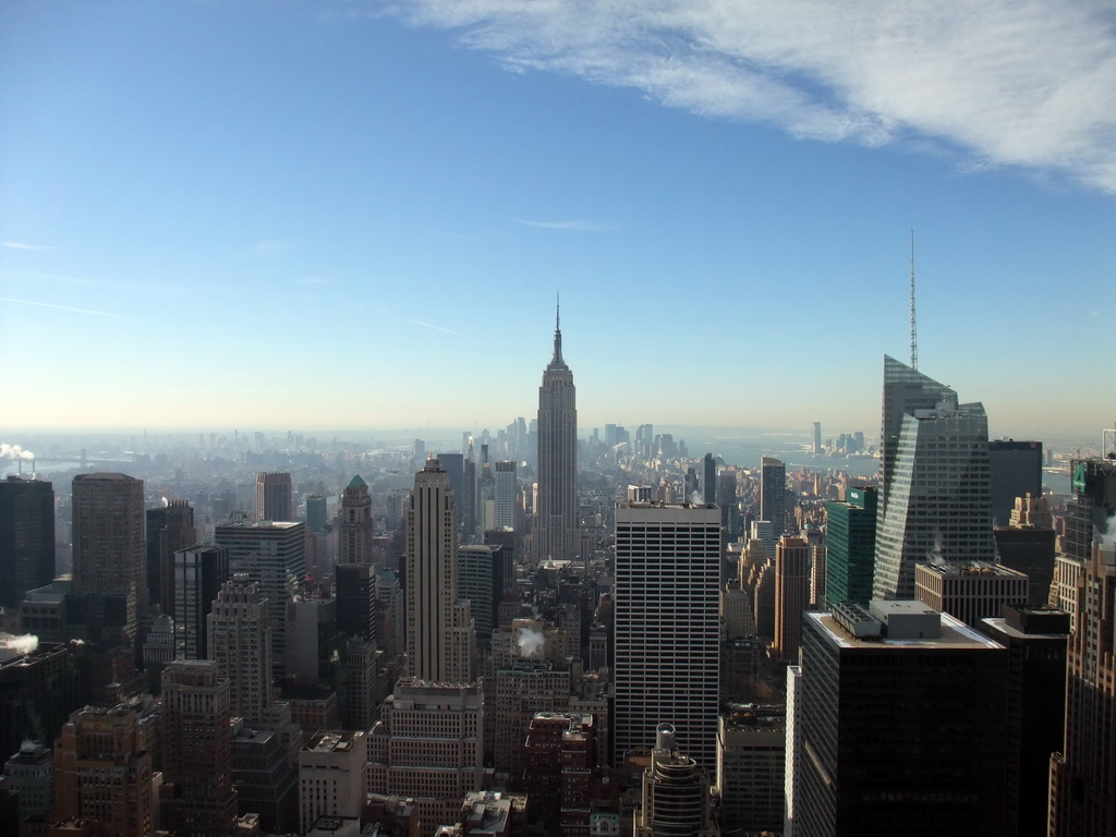 Skyline of Manhattan with the Empire State Building, the Bank of America Tower and the Condé Nast Building, viewed from the `Top of the Rock` Observation Deck at the GE Building of Rockefeller Center