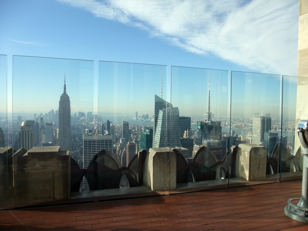 Skyline of Manhattan with the Empire State Building, the Bank of America Tower, the Condé Nast Building and the New York Times Building, viewed from the `Top of the Rock` Observation Deck at the GE Building of Rockefeller Center