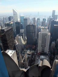 East side of Manhattan with Saint Patrick`s Cathedral, the Citigroup Center and the East River, viewed from the `Top of the Rock` Observation Deck at the GE Building of Rockefeller Center