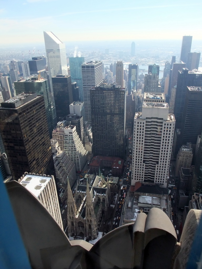 East side of Manhattan with Saint Patrick`s Cathedral, the Citigroup Center and the East River, viewed from the `Top of the Rock` Observation Deck at the GE Building of Rockefeller Center