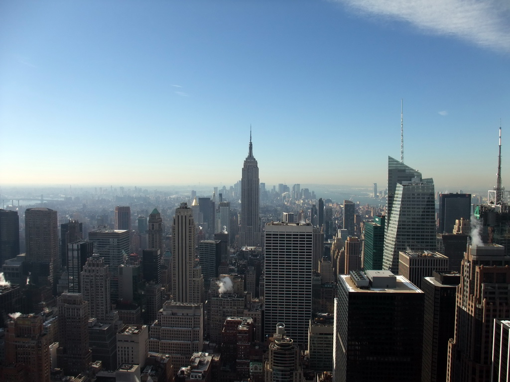 Skyline of Manhattan with the Empire State Building, the Bank of America Tower and the Condé Nast Building, viewed from the `Top of the Rock` Observation Deck at the GE Building of Rockefeller Center