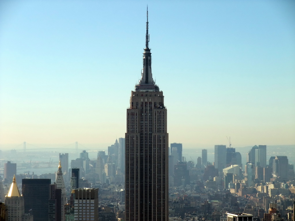 Skyline of Manhattan with the Empire State Building, viewed from the `Top of the Rock` Observation Deck at the GE Building of Rockefeller Center