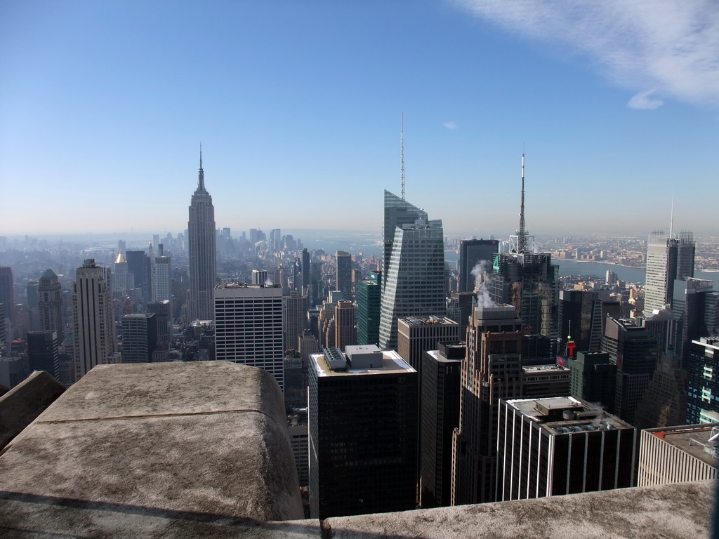 Skyline of Manhattan with the Empire State Building, the Bank of America Tower, the Condé Nast Building and the New York Times Building, viewed from the `Top of the Rock` Observation Deck at the GE Building of Rockefeller Center