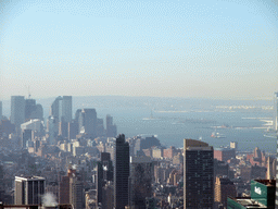 Southwest side of Manhattan, the Hudson River, Liberty Island with the Statue of Liberty and Ellis Island, viewed from the `Top of the Rock` Observation Deck at the GE Building of Rockefeller Center