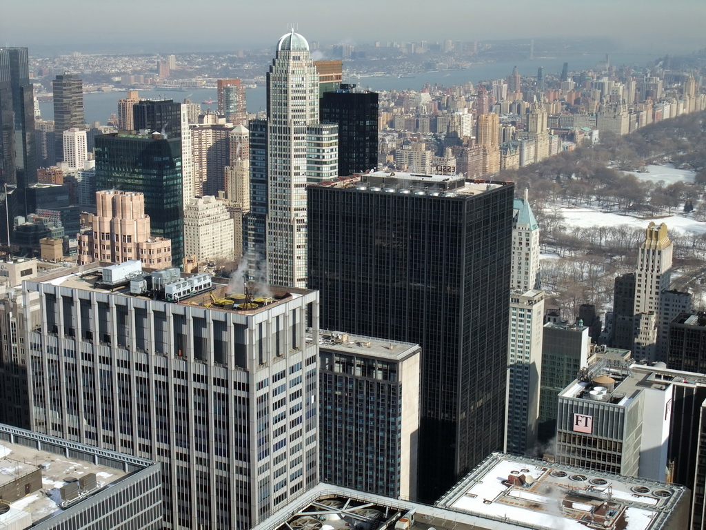 Northwest side of Manhattan with the CitySpire Center, Central Park and the Hudson River, viewed from the `Top of the Rock` Observation Deck at the GE Building of Rockefeller Center
