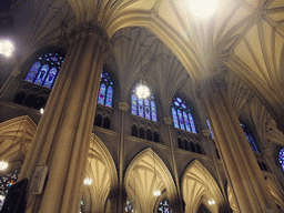 Nave and stained glass windows at Saint Patrick`s Cathedral