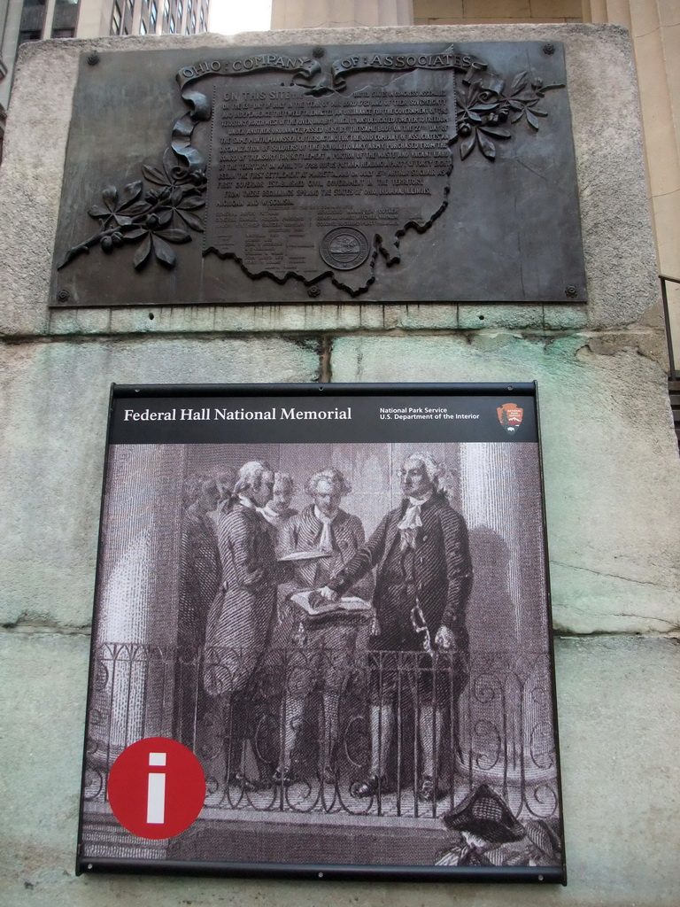 Explanation on George Washington`s inauguration as the first President of the United States, in front of the Federal Hall National Memorial at Wall Street